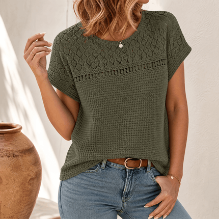Women's Short Sleeve Top in Waffle Knit with Crochet Yoke