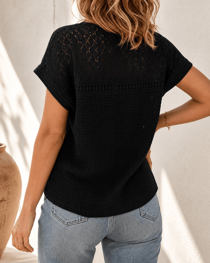 Women's Short Sleeve Top in Waffle Knit with Crochet Yoke