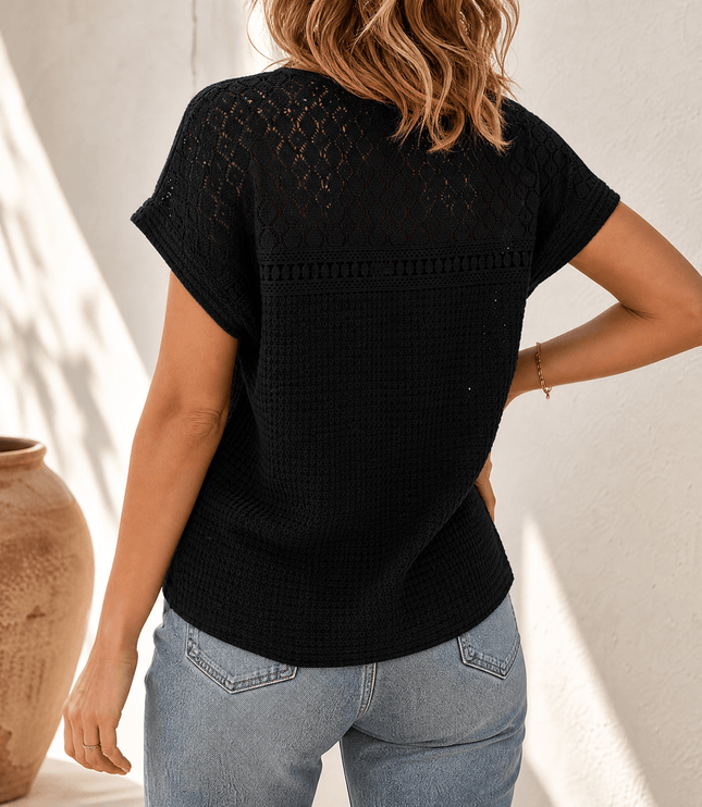 Women's Short Sleeve Top in Waffle Knit with Crochet Yoke