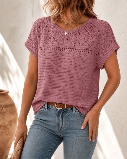 Women's Short Sleeve Top in Waffle Knit with Crochet Yoke