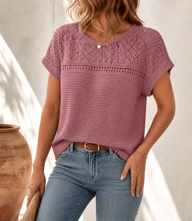 Women's Short Sleeve Top in Waffle Knit with Crochet Yoke