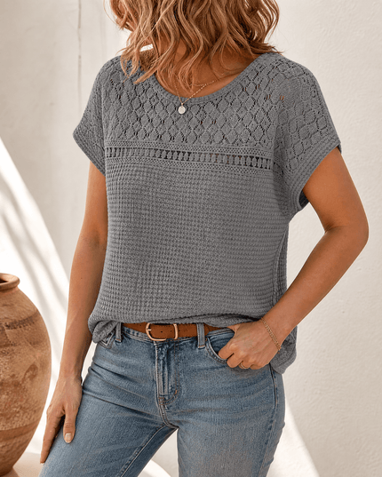 Women's Short Sleeve Top in Waffle Knit with Crochet Yoke