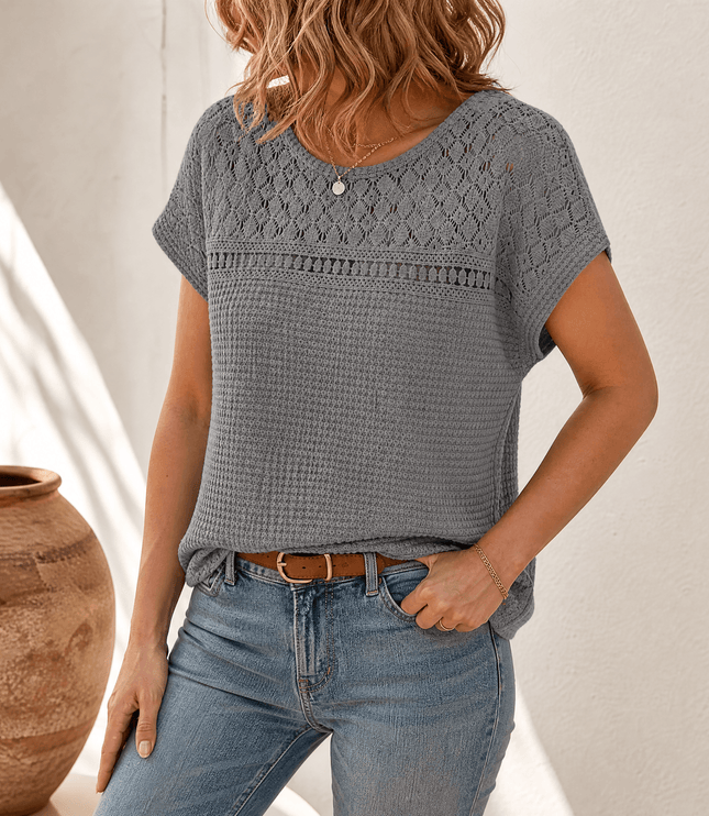 Women's Short Sleeve Top in Waffle Knit with Crochet Yoke