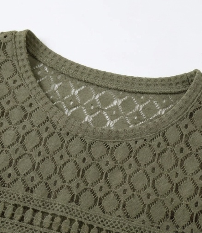 Women's Short Sleeve Top in Waffle Knit with Crochet Yoke