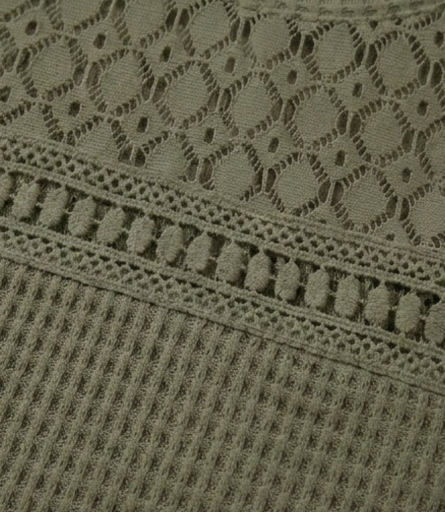 Women's Short Sleeve Top in Waffle Knit with Crochet Yoke