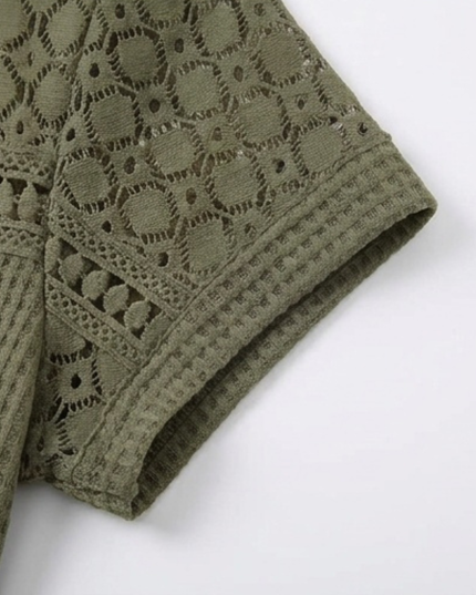 Women's Short Sleeve Top in Waffle Knit with Crochet Yoke