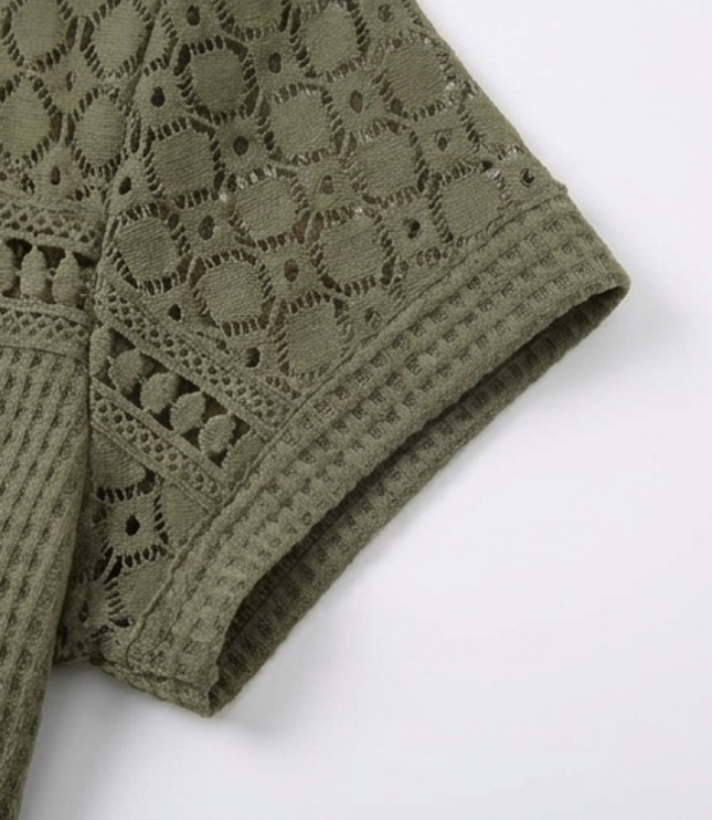 Women's Short Sleeve Top in Waffle Knit with Crochet Yoke