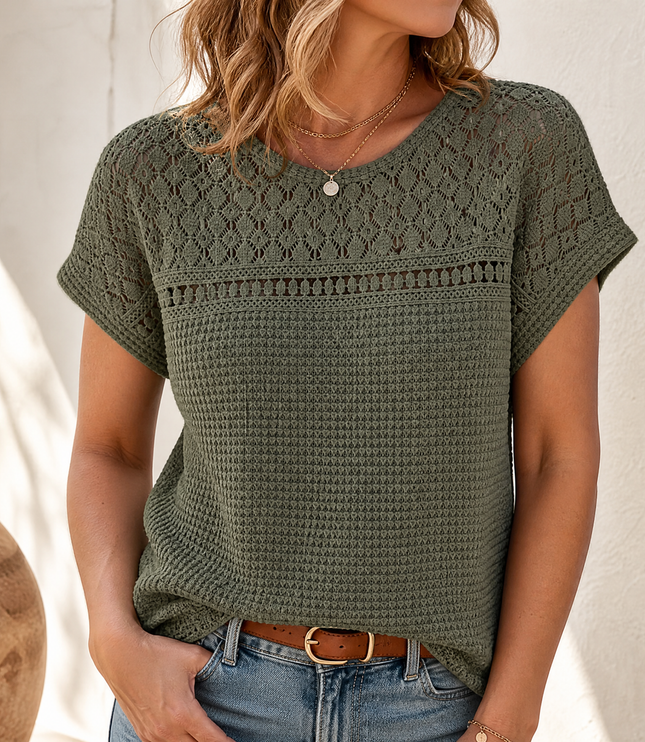 Women's Short Sleeve Top in Waffle Knit with Crochet Yoke