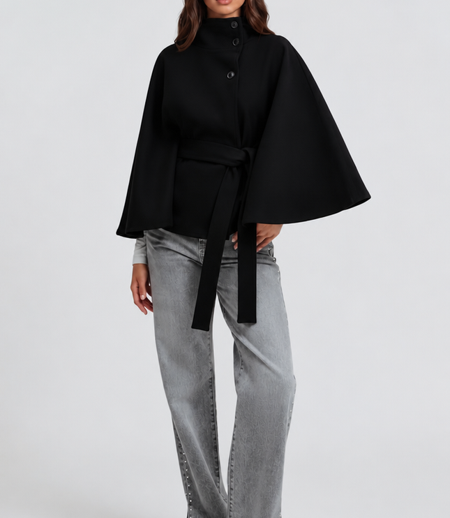 Women's Short Winter Coat with Wool Cape Sleeve Detail