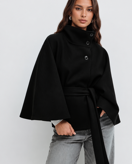 Women's Short Winter Coat with Wool Cape Sleeve Detail