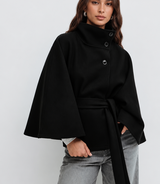 Women's Short Winter Coat with Wool Cape Sleeve Detail