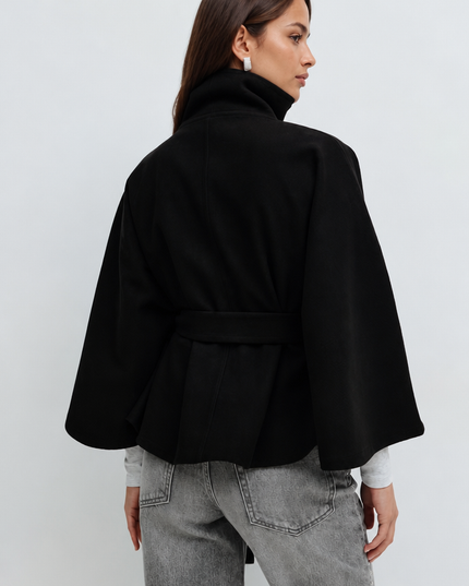 Women's Short Winter Coat with Wool Cape Sleeve Detail