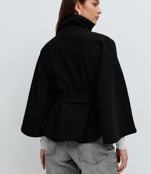 Women's Short Winter Coat with Wool Cape Sleeve Detail