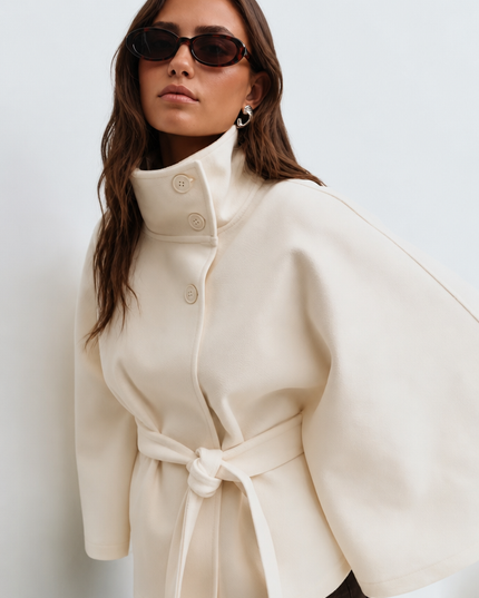 Women's Short Winter Coat with Wool Cape Sleeve Detail