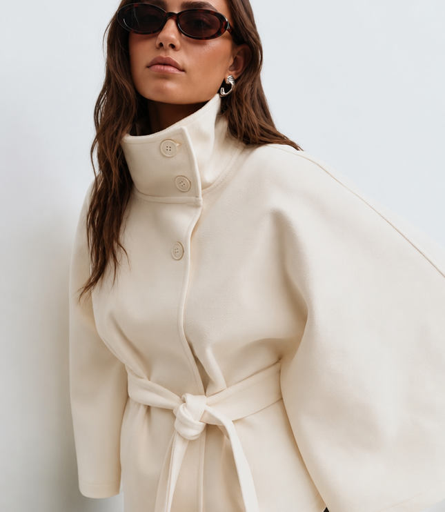 Women's Short Winter Coat with Wool Cape Sleeve Detail