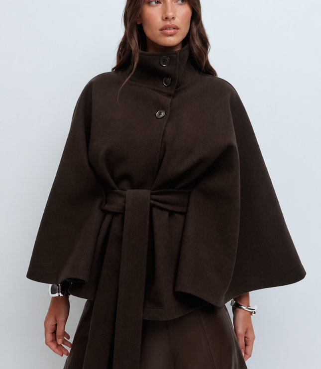 Women's Short Winter Coat with Wool Cape Sleeve Detail