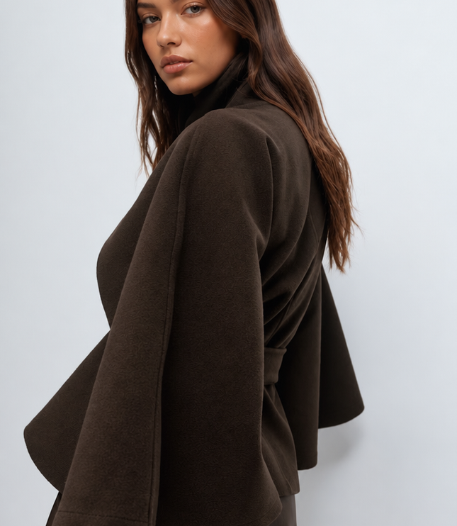 Women's Short Winter Coat with Wool Cape Sleeve Detail
