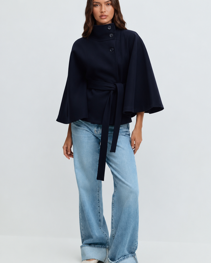 Women's Short Winter Coat with Wool Cape Sleeve Detail