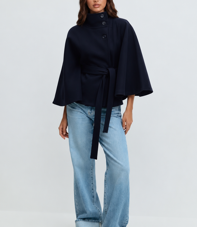 Women's Short Winter Coat with Wool Cape Sleeve Detail