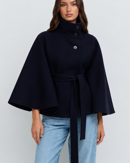 Women's Short Winter Coat with Wool Cape Sleeve Detail