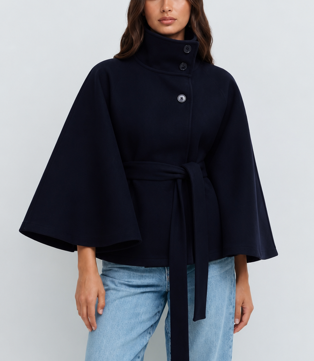 Women's Short Winter Coat with Wool Cape Sleeve Detail