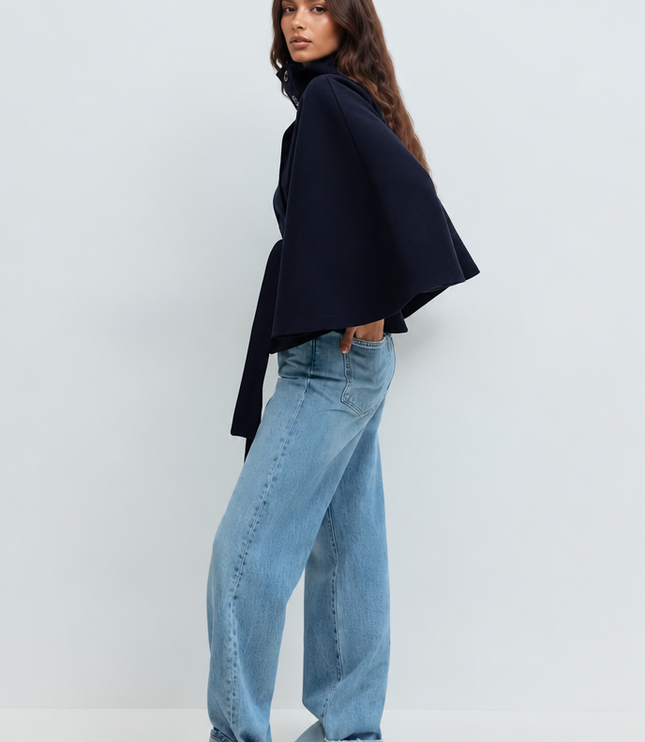 Women's Short Winter Coat with Wool Cape Sleeve Detail