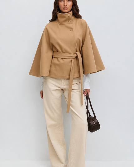 Women's Short Winter Coat with Wool Cape Sleeve Detail