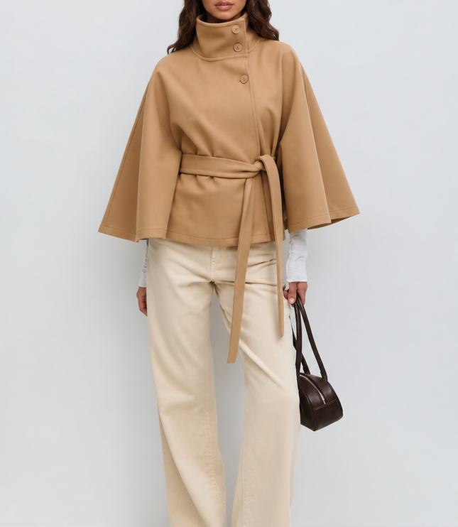 Women's Short Winter Coat with Wool Cape Sleeve Detail
