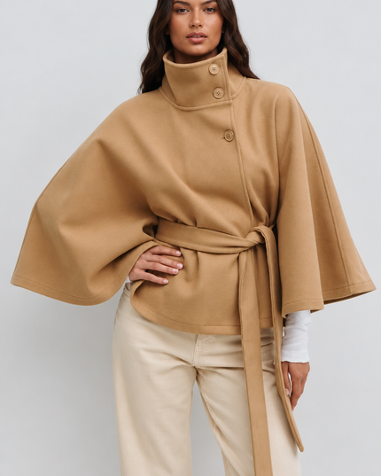 Women's Short Winter Coat with Wool Cape Sleeve Detail