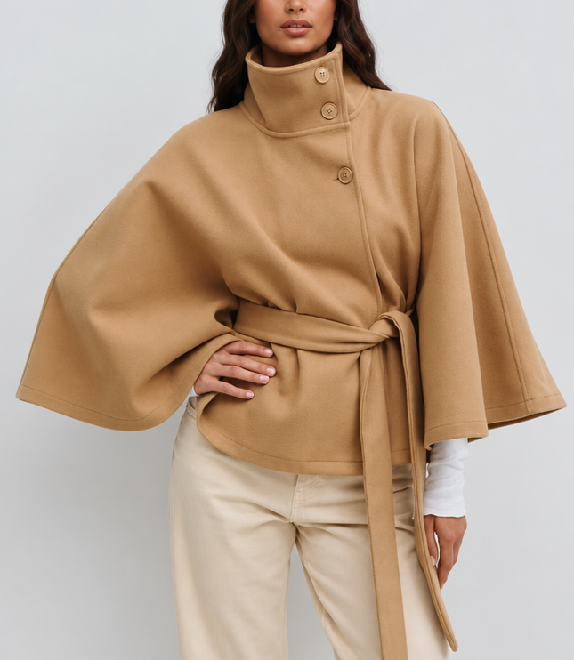 Women's Short Winter Coat with Wool Cape Sleeve Detail