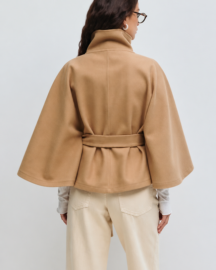 Women's Short Winter Coat with Wool Cape Sleeve Detail