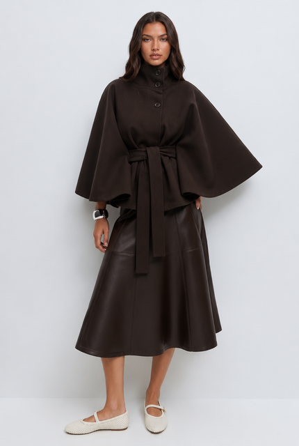 Women's Short Winter Coat with Wool Cape Sleeve Detail