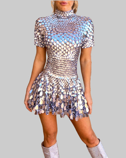 Women's Silver Sequin Dress with Fitted Waist and Flared Skirt
