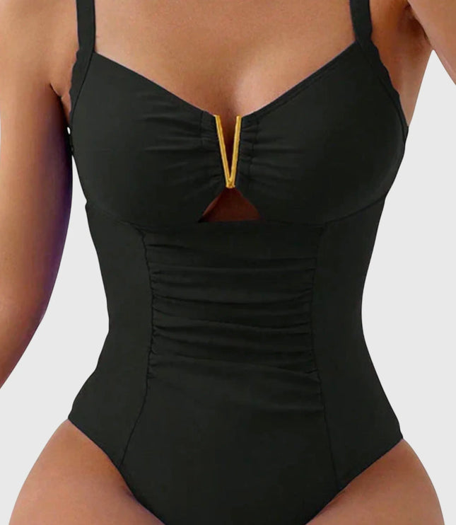 Black ruched v-neck one-piece swimsuit with gold trim detail