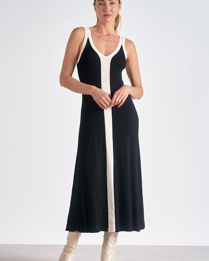 Women's Sleeveless Black Satin Midi Cocktail Dress, V-Neck
