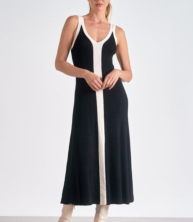 Women's Sleeveless Black Satin Midi Cocktail Dress, V-Neck