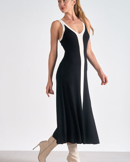 Women's Sleeveless Black Satin Midi Cocktail Dress, V-Neck