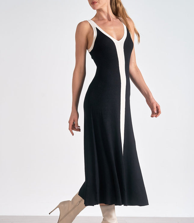 Women's Sleeveless Black Satin Midi Cocktail Dress, V-Neck