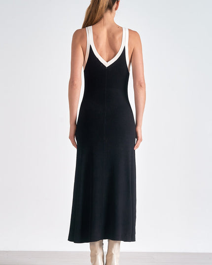 Women's Sleeveless Black Satin Midi Cocktail Dress, V-Neck