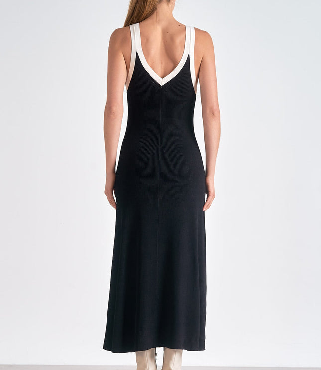 Women's Sleeveless Black Satin Midi Cocktail Dress, V-Neck