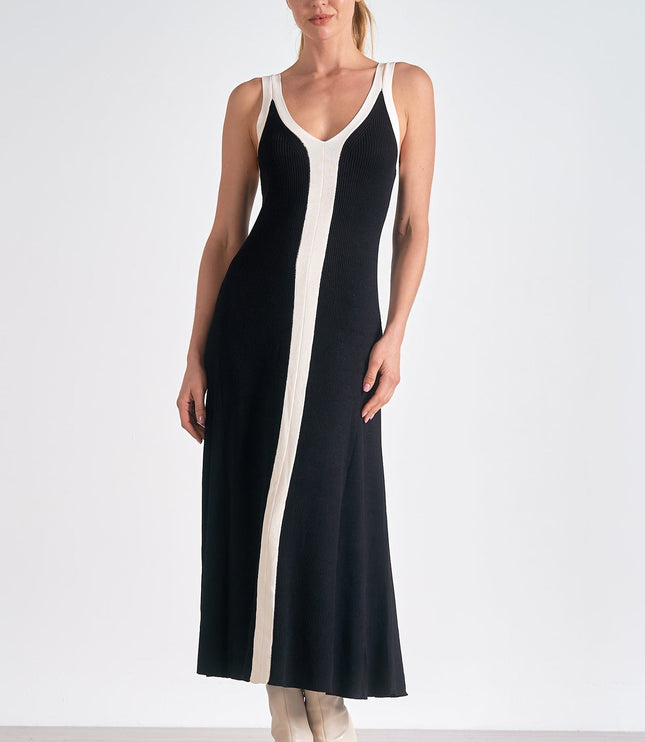 Women's Sleeveless Black Satin Midi Cocktail Dress, V-Neck