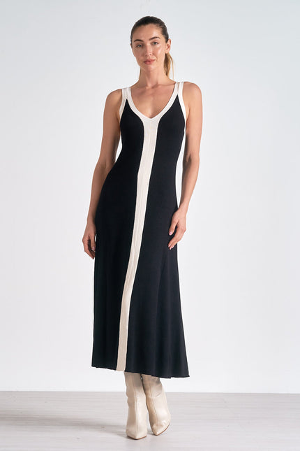 Women's Sleeveless Black Satin Midi Cocktail Dress, V-Neck