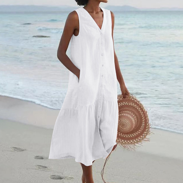 Women's Sleeveless Button-Front Linen Dress