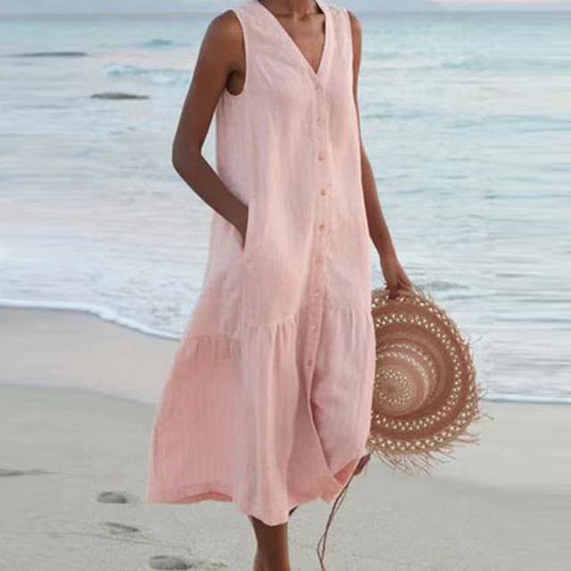 Women's Sleeveless Button-Front Linen Dress