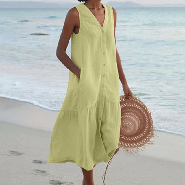Women's Sleeveless Button-Front Linen Dress
