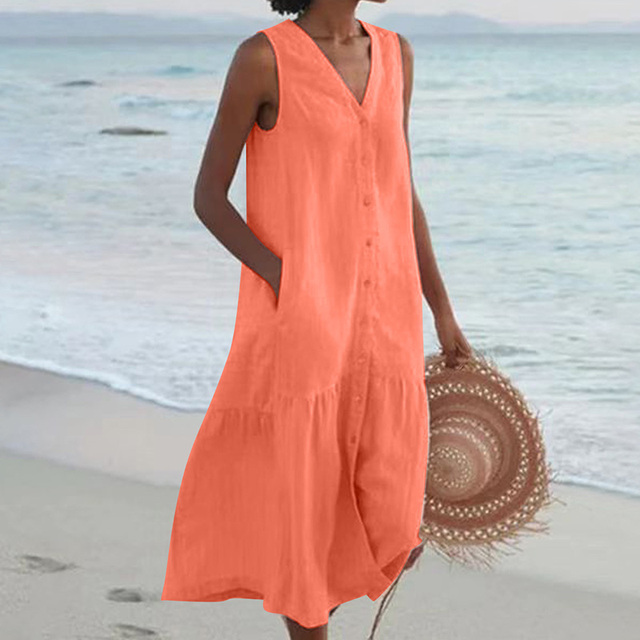 Women's Sleeveless Button-Front Linen Dress
