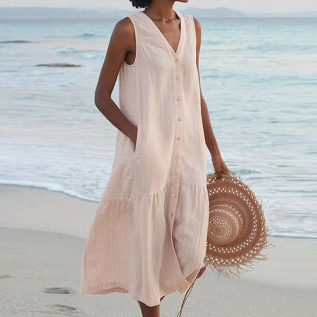 Women's Sleeveless Button-Front Linen Dress