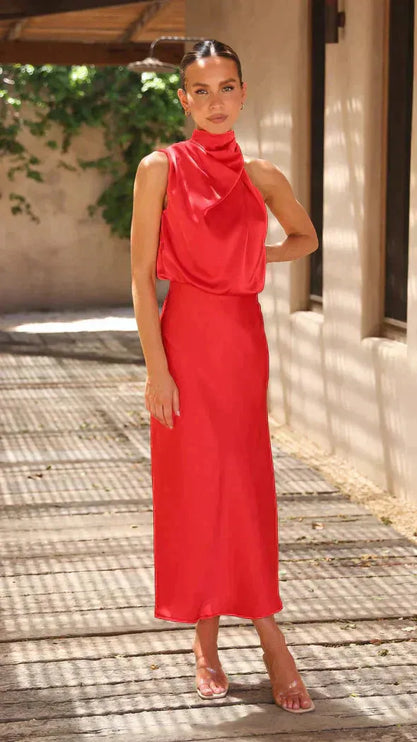Red sleeveless halter midi dress with twisted neckline detail