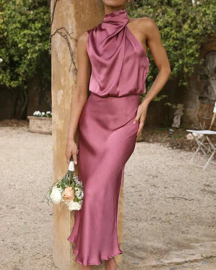 Mauve pink sleeveless halter midi dress with bloused bodice