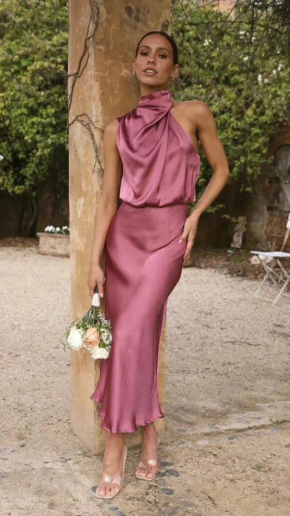 Mauve pink sleeveless halter midi dress with bloused bodice